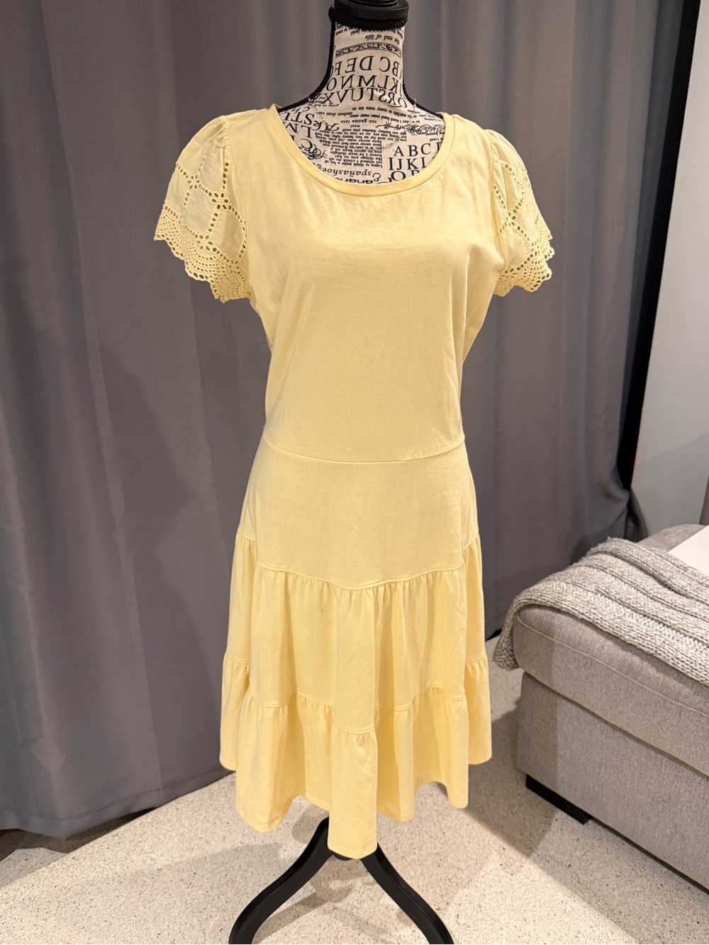 LC Lauren Conrad Pale Yellow Eyelet Sleeve Tiered Midi Dress